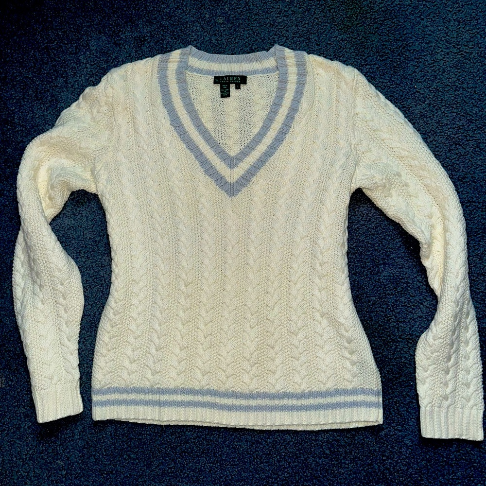 VINTAGE Polo Ralph Lauren Varsity Cricket Striped Cable Knit V-Neck Sweater Sz L
